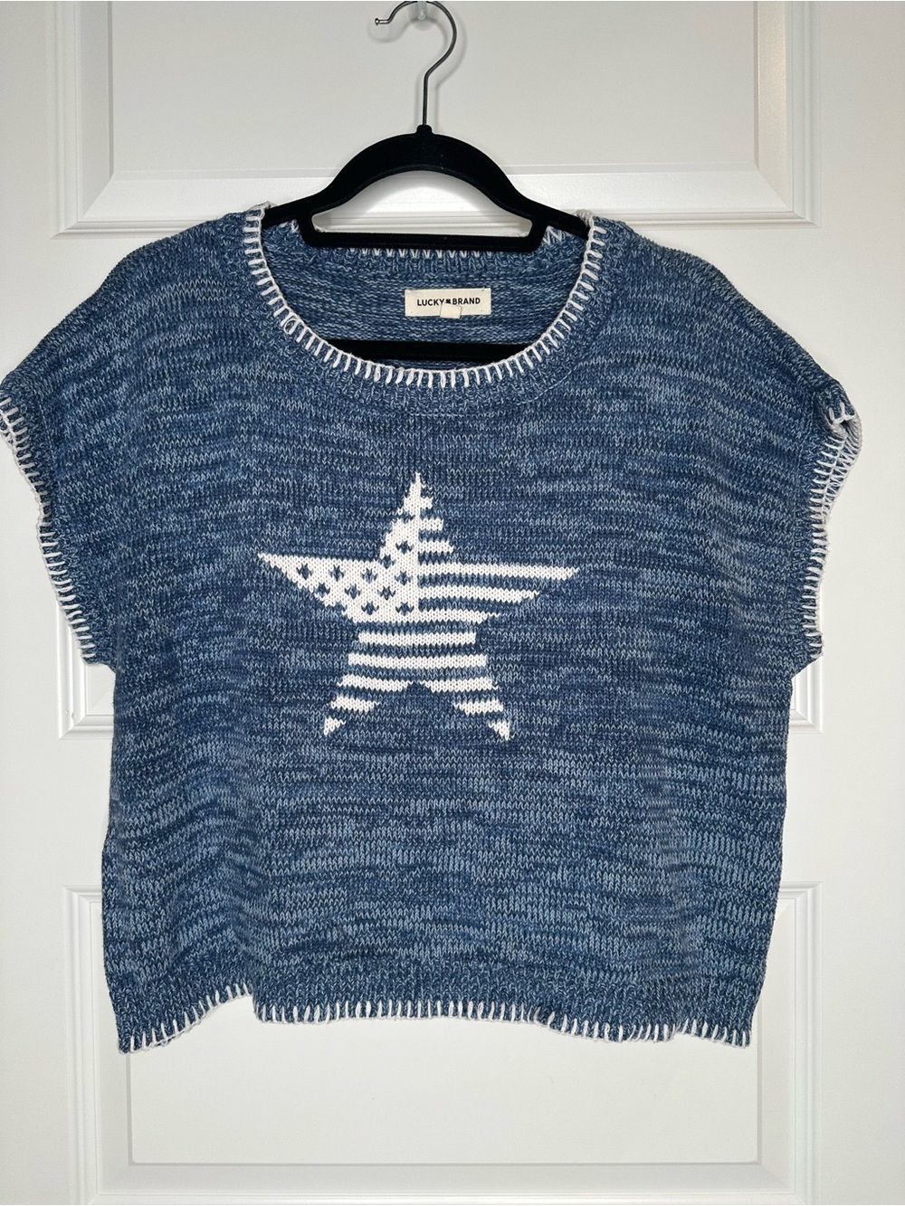 Lucky Brand Women’s Size Large Americana Star Knit Short Sleeve Sweater - EUC